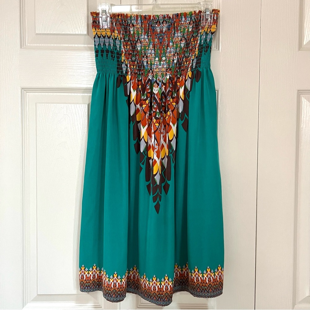 Voxx Green & Multi-Colored Strapless Smocked Babydoll Sun Dress Cover-Up